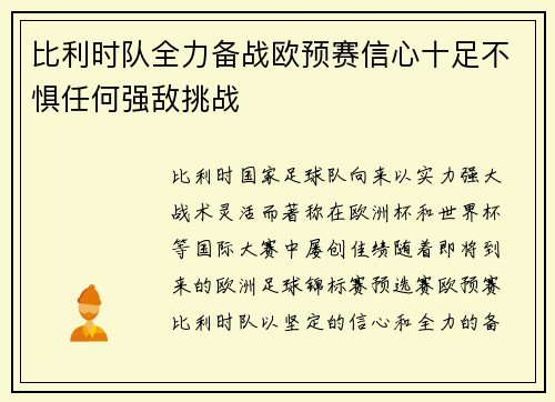 比利时队全力备战欧预赛信心十足不惧任何强敌挑战