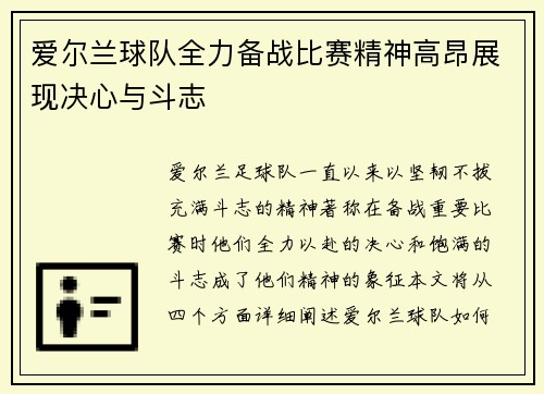 爱尔兰球队全力备战比赛精神高昂展现决心与斗志