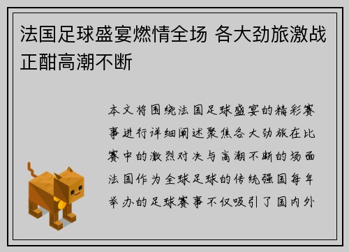法国足球盛宴燃情全场 各大劲旅激战正酣高潮不断