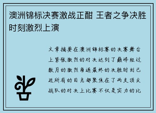 澳洲锦标决赛激战正酣 王者之争决胜时刻激烈上演