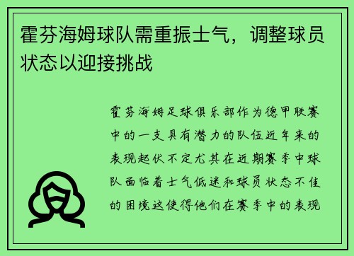 霍芬海姆球队需重振士气，调整球员状态以迎接挑战