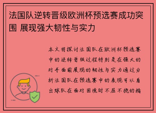 法国队逆转晋级欧洲杯预选赛成功突围 展现强大韧性与实力