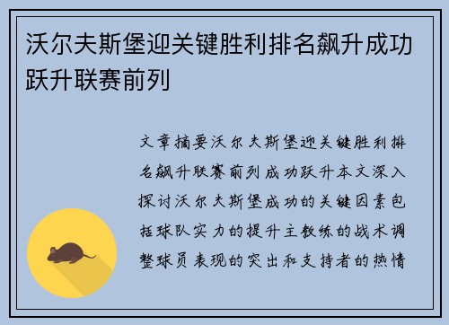 沃尔夫斯堡迎关键胜利排名飙升成功跃升联赛前列